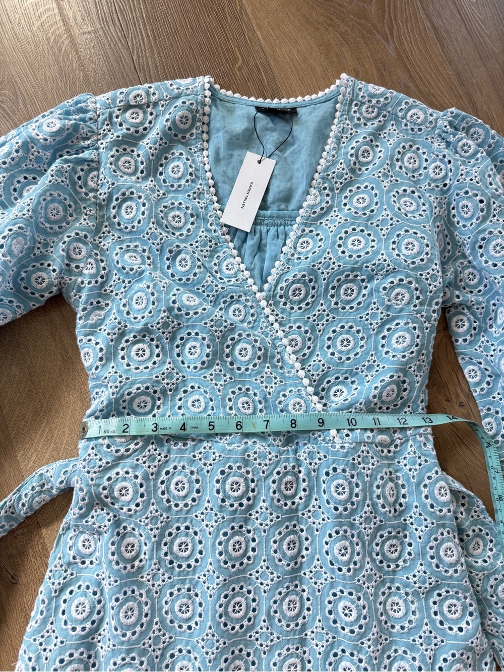 Karen Millen Broderie Cotton Wrap Mini Dress Light Blue Eyelet Dress - Picture 10 of 16